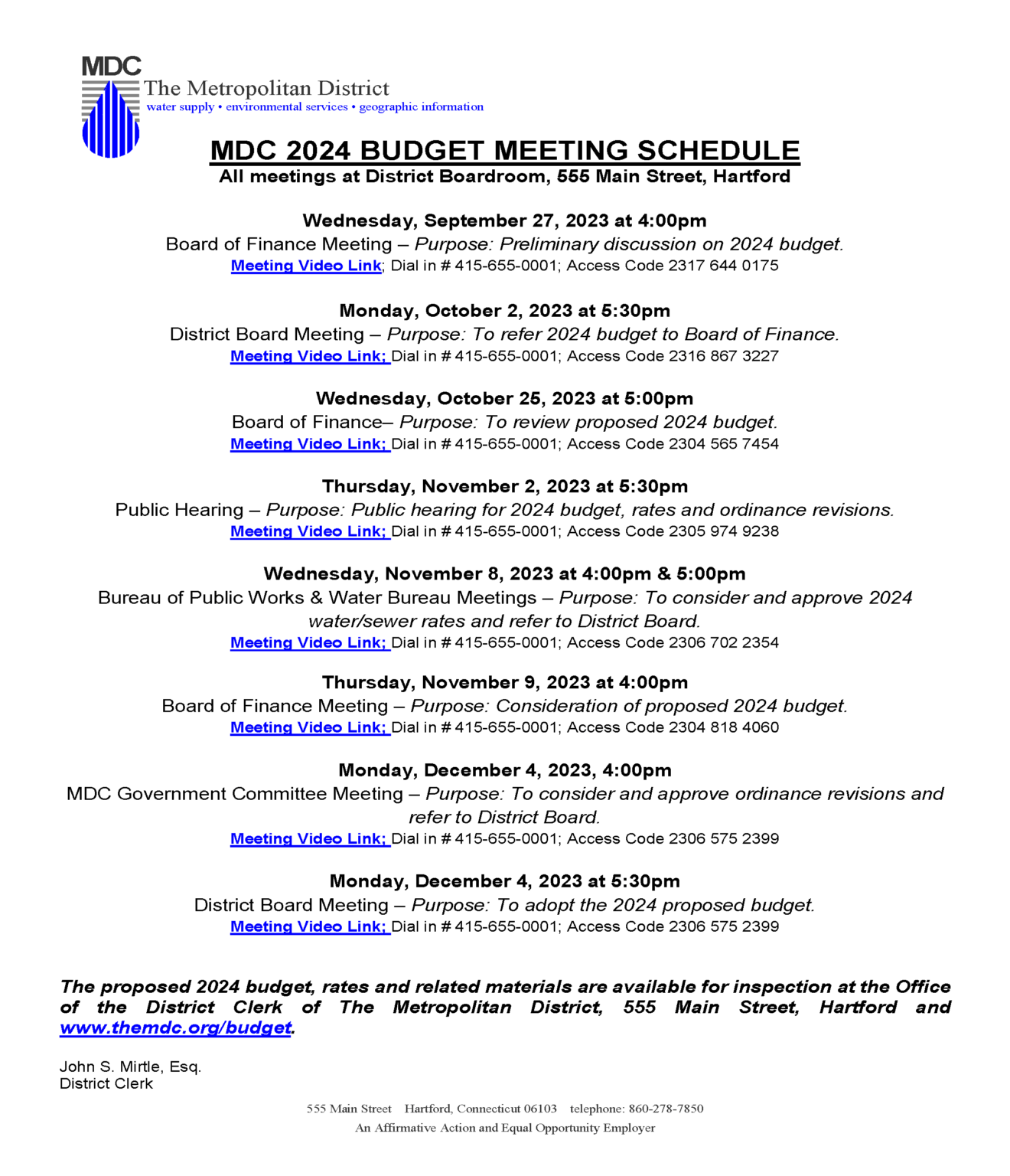 Proposed 2024 Budget Meeting Schedule | The MDC